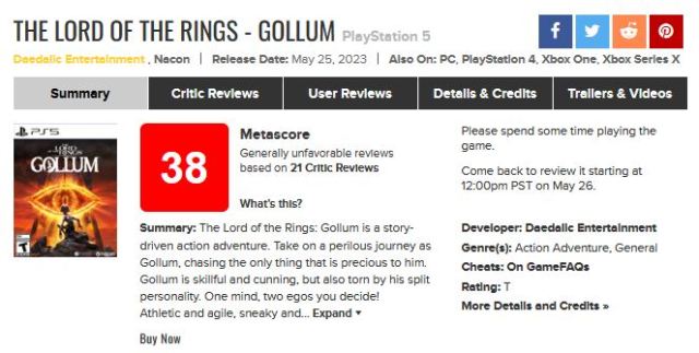 The Lord of the Rings Gollum Metacritic Score Revealed - Prima Games
