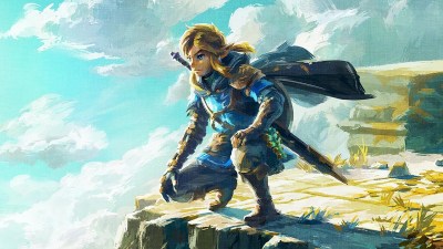 Legend of Zelda: Tears of the Kingdom official artwork of Link crouching on a sky island cliff.
