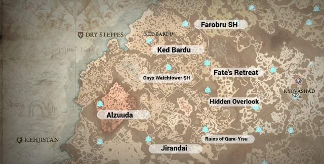 Diablo 4 Dry Steppes map with all Waypoint locations shown.