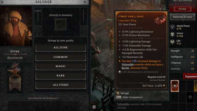 Diablo 4 Legendary Jewelry Salvage Screen