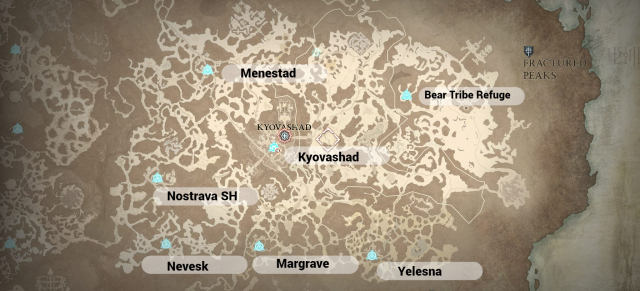 Diablo 4 Fractured Peaks map with all Waypoint locations shown.