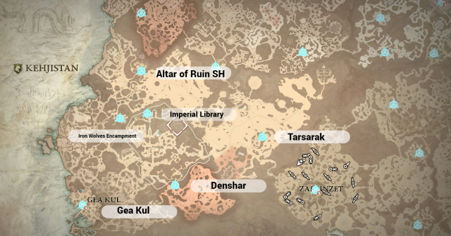 Diablo 4 Kehjistan map with all Waypoint locations shown.