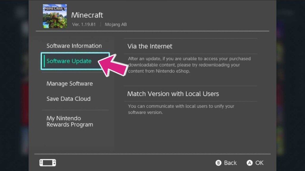 Minecraft Software Update Nintendo Switch