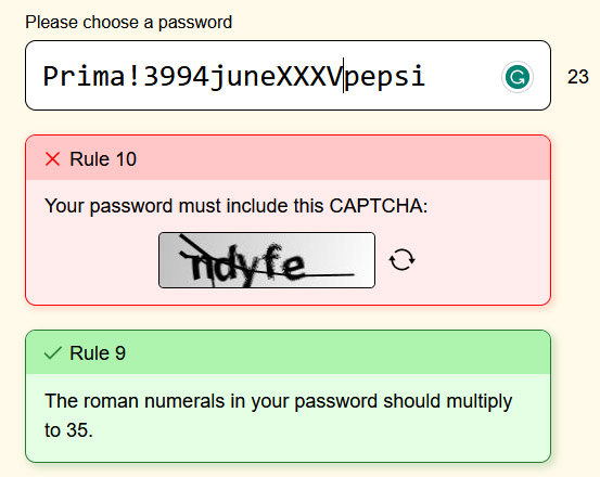 Password texbox  with CAPTCHA box and Explanation for the Rule 9.