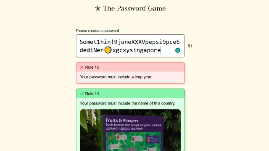 The Password Game screenshot of Rule 15's must include a leap year challenge showing the chosen password "Someth1ing!9juneXXXVpepsi9pce6dediNer (moon emoji) xgcxysingapore"