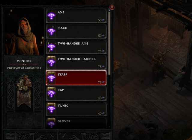 A screenshot of the inventory of the Curiosity Vendor in Diablo 4