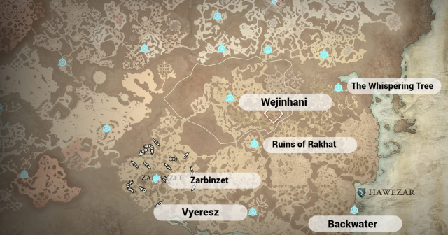 Diablo 4 Hawezar map with all Waypoint locations shown.