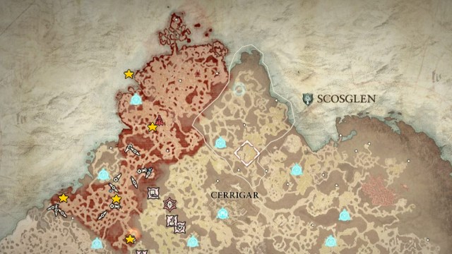 Map of Scosglen in Diablo 4. Starred are the Helltide Mystery Chest locations in that area. 