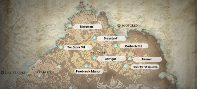 Diablo 4 Scosglen map with all Waypoint locations shown.