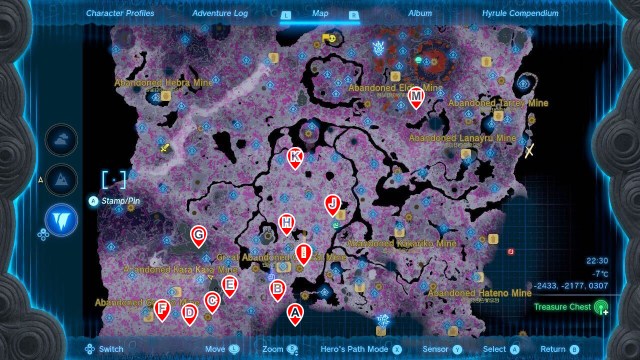 Map of the Depths in ToTK, showing every Frox location.
