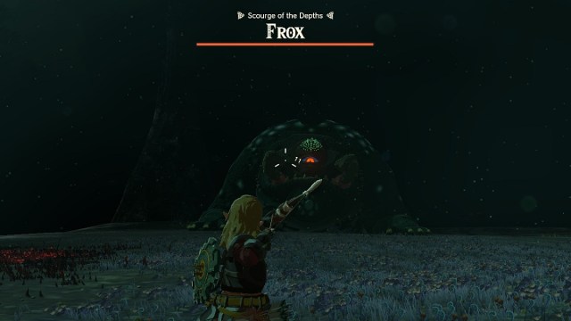 Legend of Zelda: TotK screenshot of Link using a bow to target a Frox in the Depths