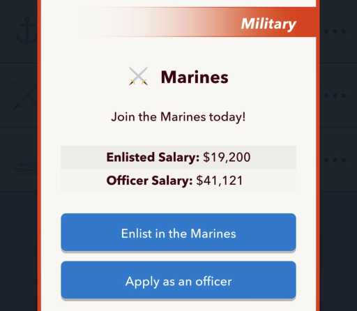 BitLife Marines and Officer Enlist Page