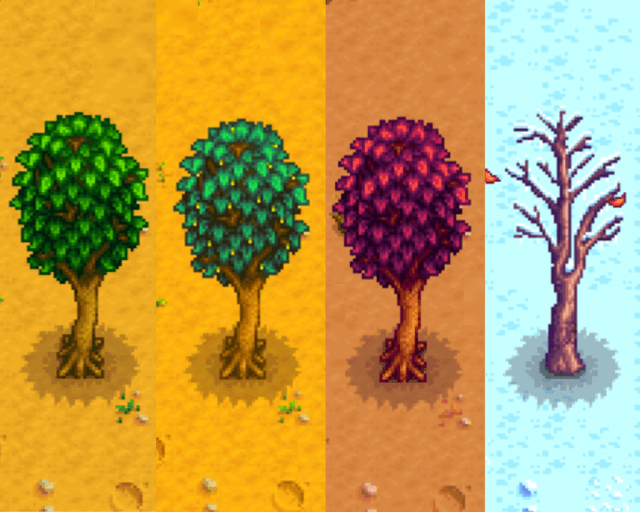 Maple Tree in Spring, Summer, Fall, and Winter in Stardew Valley