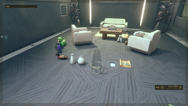 Starfield screenshot of a grey room with three white chairs around a small wood coffee table, and home décor items laid out in front of the chairs.