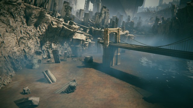 Armored Core 6 screenshot of a dilapidated bridge over a swamp beside a ruined city.