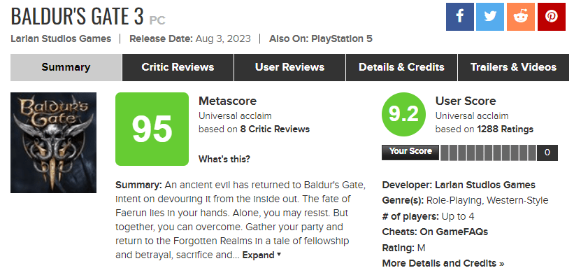 Baldur's Gate 3 Metacritic Score Revealed - Prima Games