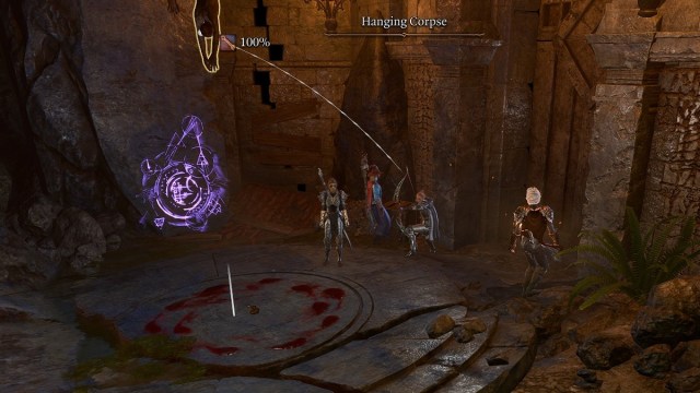 BG3 screenshot of the player character aiming a bow at a hanging corpse above a circle of blood next to the bhaal door.