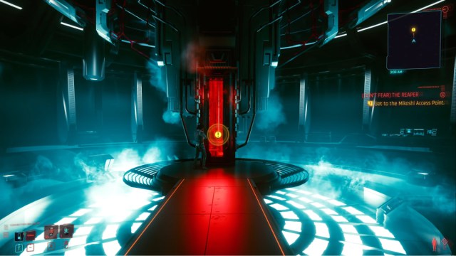 Cyberpunk 2077 screenshot of the Mikoshi Access Point in a circular room at the end of a red lit-up walkway.