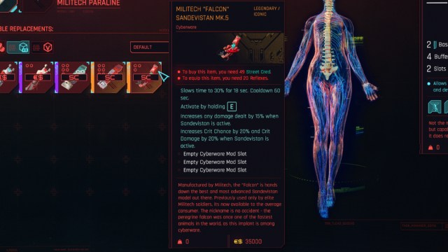 A screenshot of a Militech "Falcon"  Sandevistan piece in Cyberpunk 2077.