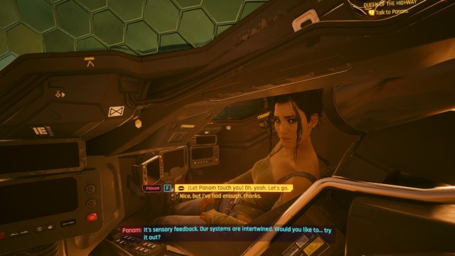 A screenshot of the character Panam, a character to romance in Cyberpunk 2077.