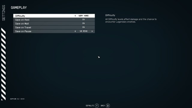 Menu screen for Starfield difficulty options