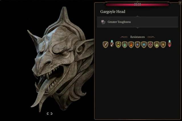 A screenshot of the description of the Gargoyle Head in Baldur's Gate 3, showing its resistances and immunities.