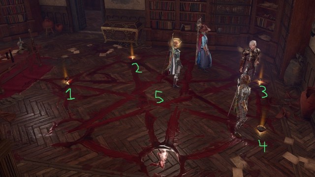 BG3 screenshot of the player party standing on a ritual circle made of blood, with each point on the circle numbered where ritual items are placed.
