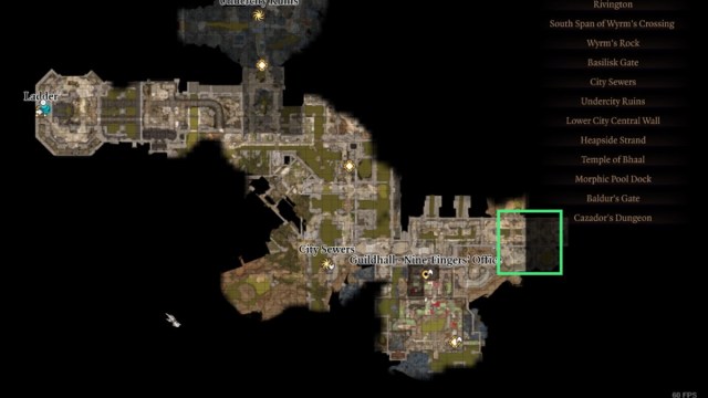 Baldur's Gate 3 Map showing the Nine Fingers Office Location and the entrance of the City Sewers