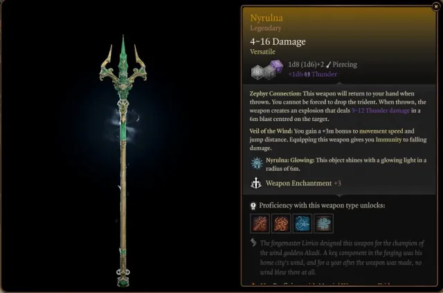 Screenshot of a trident type weapon called the Nyrulna in Baldur's Gate 3.