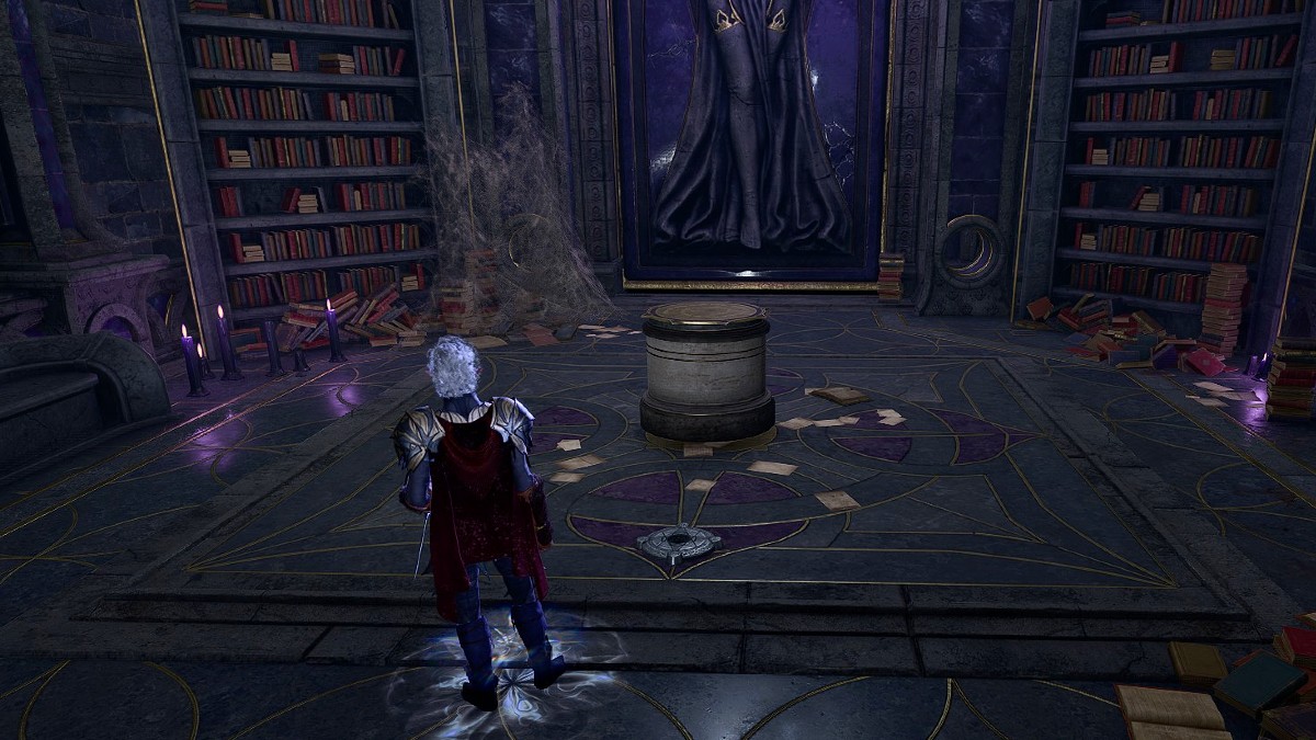 BG3 screenshot of Asterion in front of the silence the nightsong riddle pedestal in the silent library