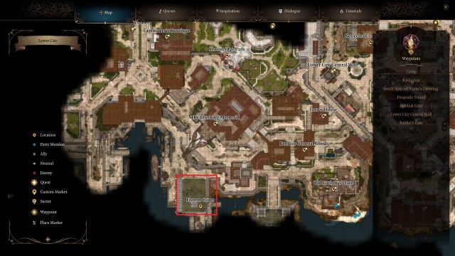 bg3 lower city map with a red square around flymm's cargo
