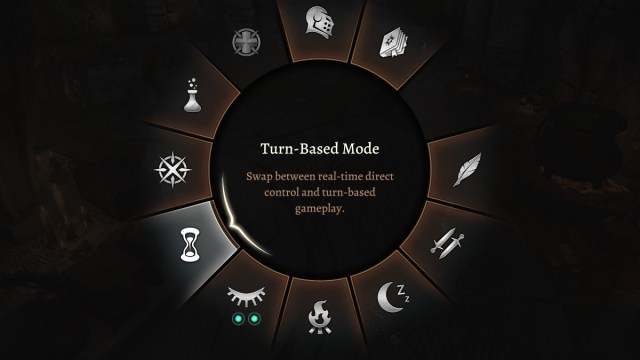 BG3 screenshot of the the turn-based mode option highlighted on the quick menu.