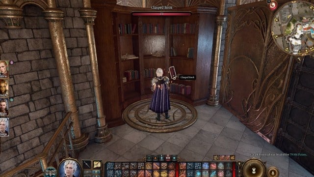 BG3 screenshot of Asterion using the clasped book on the bookshelf in Tolna Tome-Monger's office in Sorcerous Sundries.