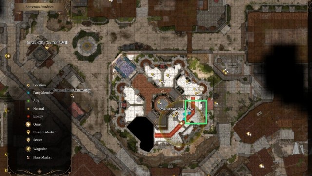 BG3 screenshot of the Lower City map, with a green rectangle around the entrance to Sorcerous Sundries.