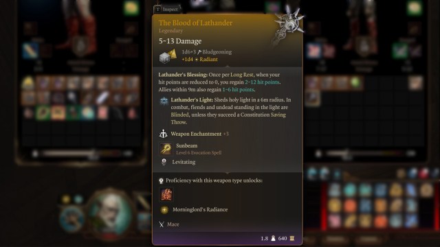 The tooltip displaying all stats and abilities for the Blood of Lathander mace in Baldur's Gate 3