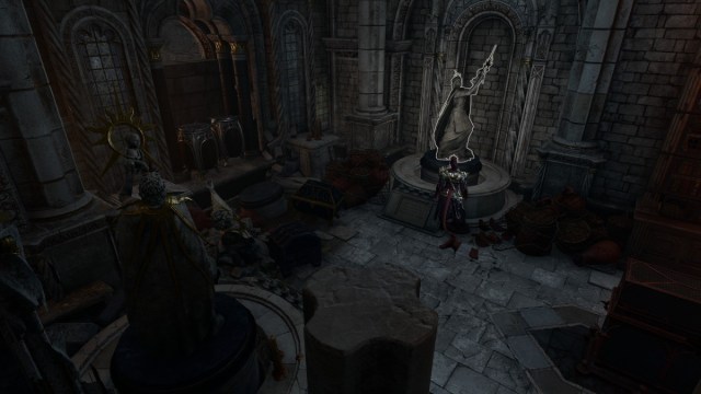 Rotating a statue in a dark hallway within the Inquisitor's Chamber in Baldur's Gate 3