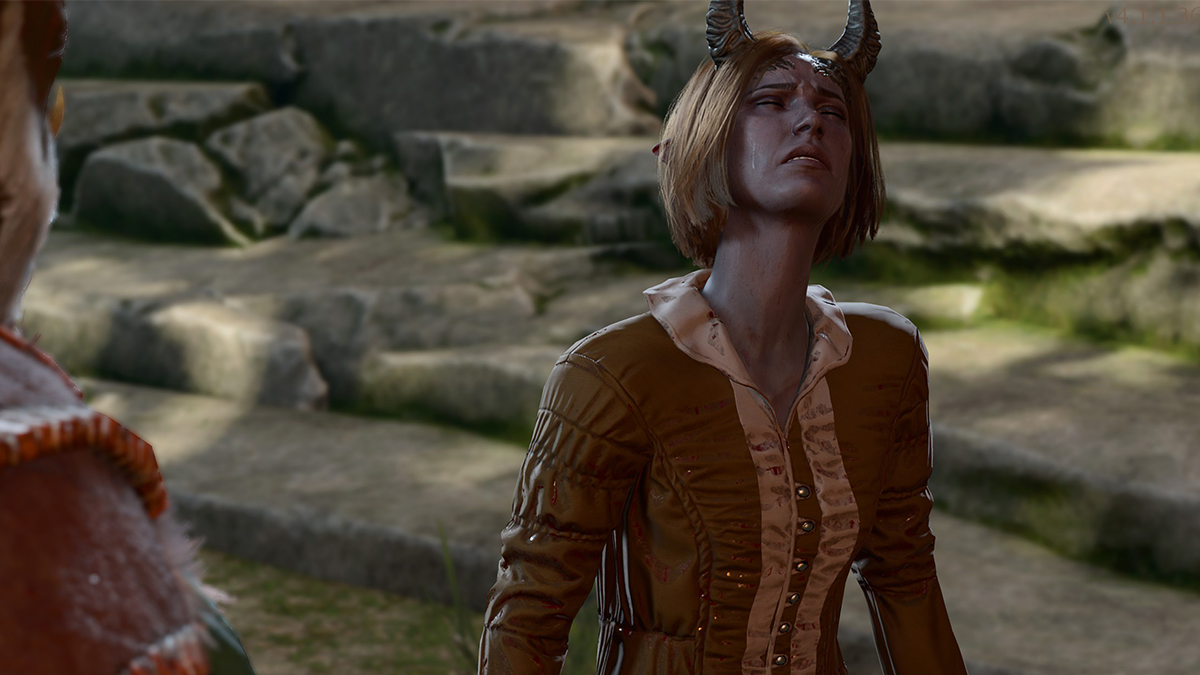 BG3 screenshot of a blue female tiefling in a sweater looking up
