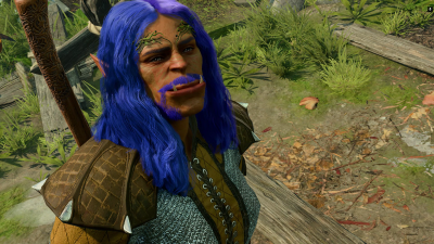 A half-orc Fighter with blue hair smiling with confidence to a Goblin in Baldur's Gate 3