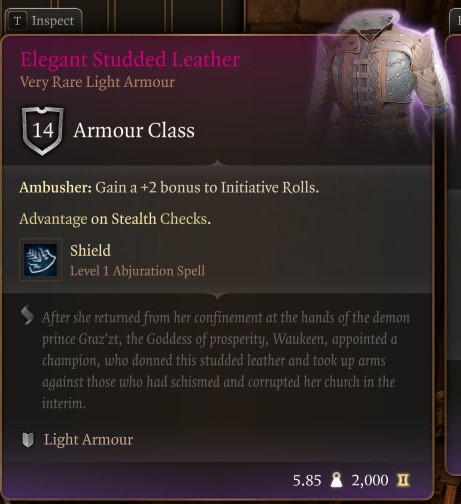 bg3 screenshot of the stats for the elegant studded leather armor 
