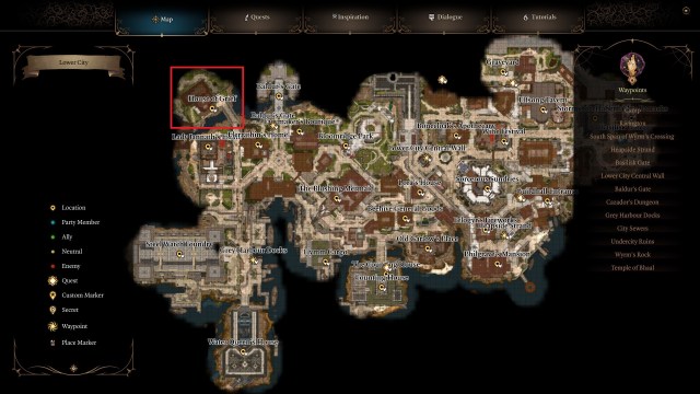BG3 screenshot of the Lower City map with a red square around the House of Grief
