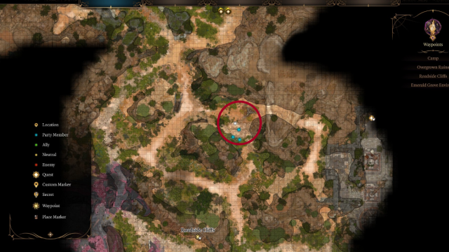 A screenshot of a map in Baldur's Gate 3 showing the coordinates of Lae'zel.