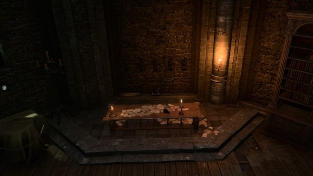 A screenshot of a table littered with paper and candles in Baldur's Gate 3.