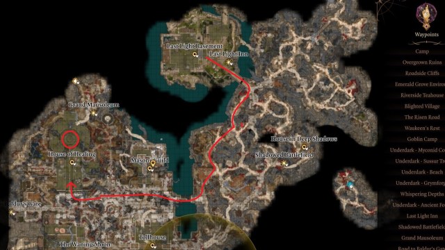 Photo of map in Baldur's Gate 3 with directions to the healing house.