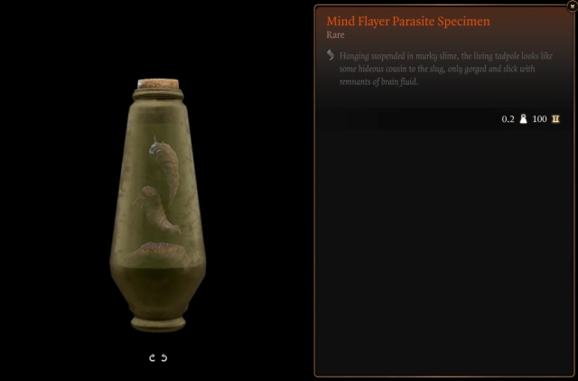 A screenshot of the in-game description of the Mind Flayer Parasite Specimen item in Baldur's Gate 3.