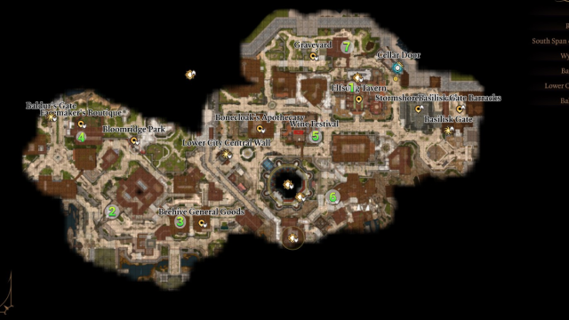 BG3 screenshot of the lower city map marking all Investigate the Murders murder victims locations 