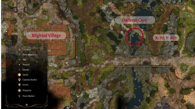 BG3 blighted village map with a red circle and coordinates over the location of the owlbear cave.
