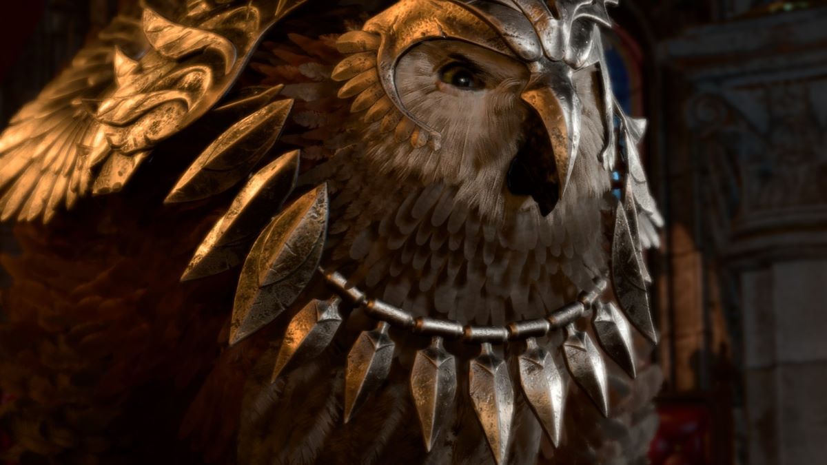 BG3 screenshot of the owlbear cub in full armor