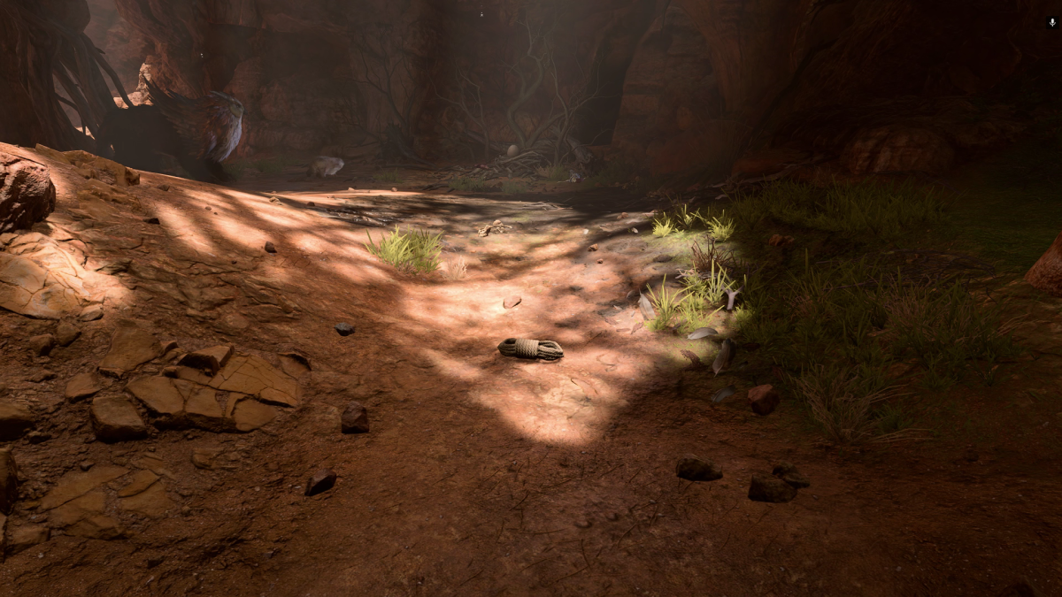 A screenshot of a rope on the ground inside a cave in Baldur’s Gate 3.