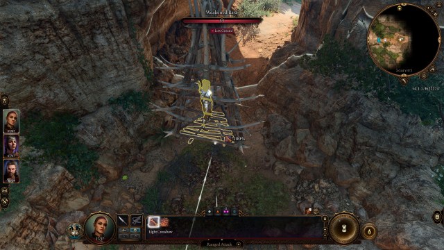 A screenshot of a a cage in Baldur's Gate 3 trapping Lae'zel.