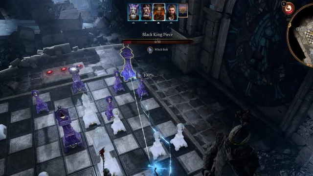BG3 screenshot of a character using a lightning spell on the black king piece on the giant chess board in the chamber of strategy.